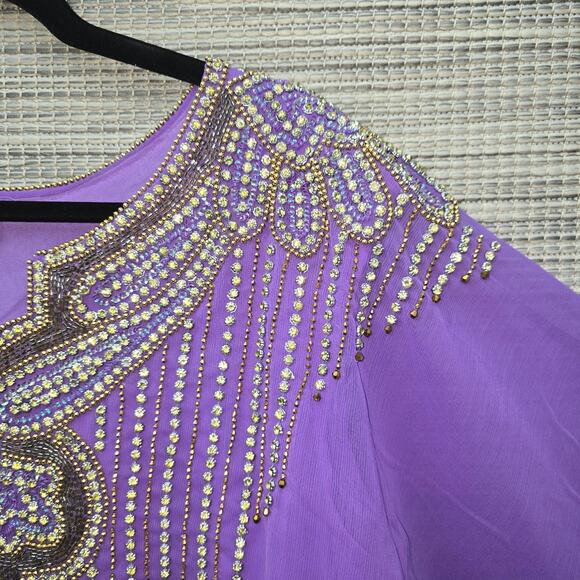 Indian Maxi Kaftan Dress Rhinestone Beaded Purple Chiffon Kimono Bohemian Boho - Picture 9 of 12